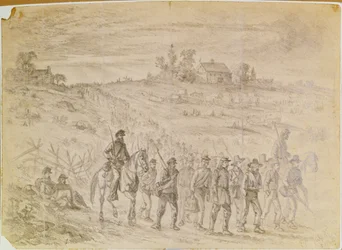 Die Schlacht von Gettysburg: Gefangene aus General Langstreets Korps, die von Unionstruppen unter Bewachung nach hinten marschieren